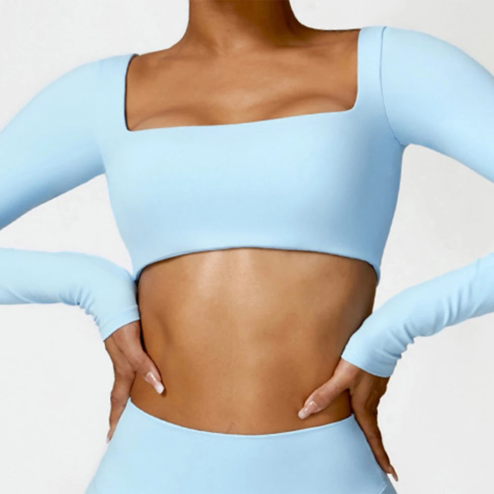 Women'S Quick Drying Breathable Top Seamless Sexy Square Neckline Elastic Yoga Long Sleeves Crop Top Gym Running Sportwear