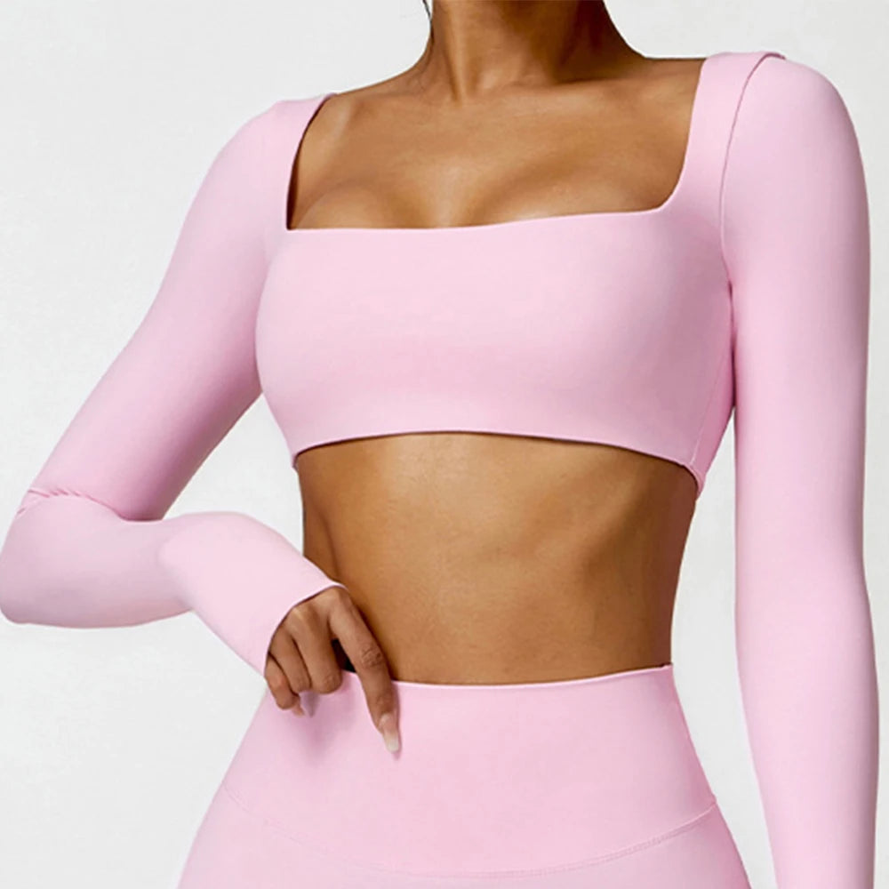 Women'S Quick Drying Breathable Top Seamless Sexy Square Neckline Elastic Yoga Long Sleeves Crop Top Gym Running Sportwear