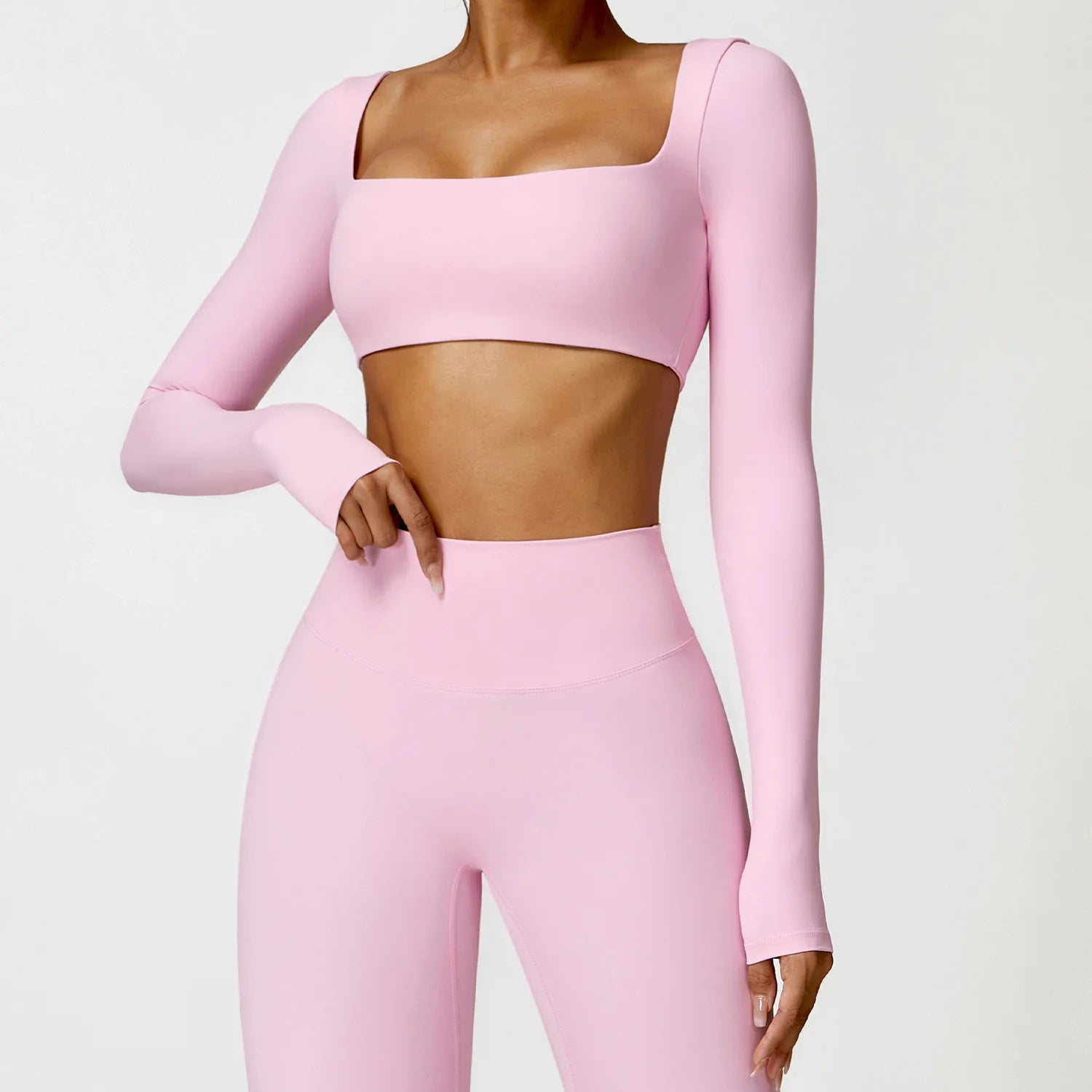 Women'S Quick Drying Breathable Top Seamless Sexy Square Neckline Elastic Yoga Long Sleeves Crop Top Gym Running Sportwear