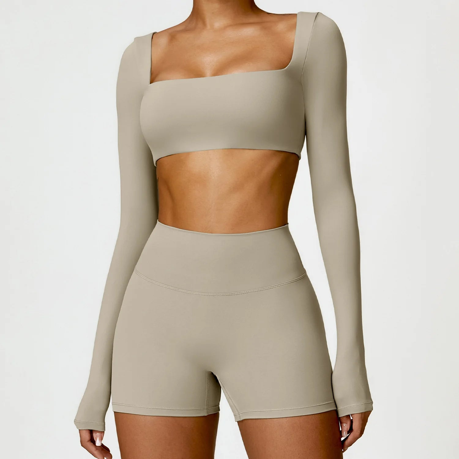 Women'S Quick Drying Breathable Top Seamless Sexy Square Neckline Elastic Yoga Long Sleeves Crop Top Gym Running Sportwear