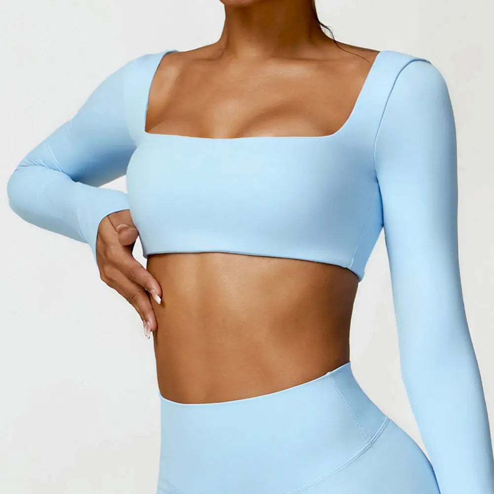Women'S Quick Drying Breathable Top Seamless Sexy Square Neckline Elastic Yoga Long Sleeves Crop Top Gym Running Sportwear